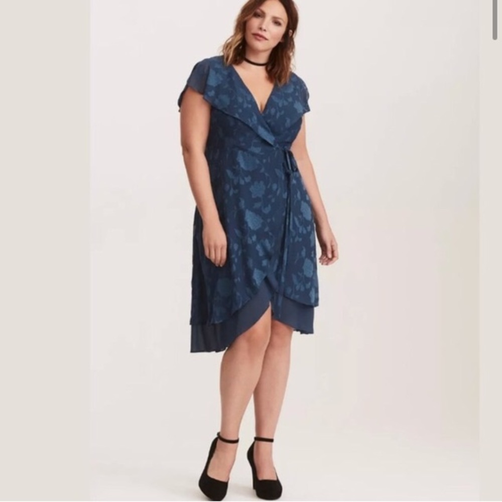 Navy Textured Chiffon Wrap Dress